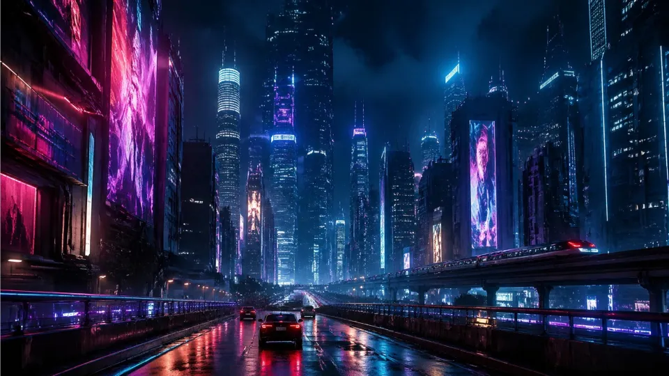 futuristic city street with wet asphalt and glowing skyline